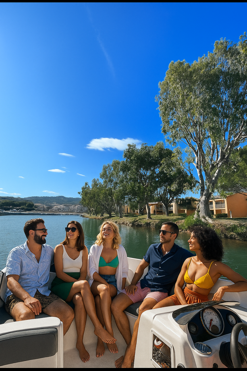 Un groupe de cinq amis souriants et détendus à l'avant d'un bateau à moteur, profitant d'une journée ensoleillée sur l'eau. L'image capture la joie des vacances et des loisirs nautiques entre amis, avec un arrière-plan de verdure et un ciel bleu clair. Parfait pour les sorties en mer et les activités estivales